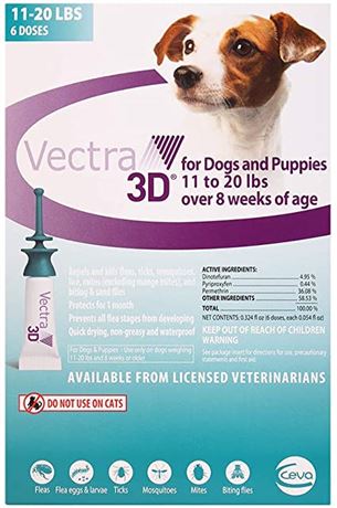 Vectra 3D for Dogs and Puppies, 11-20lbs, 6 Doses