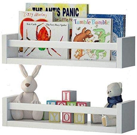 Wallniture Set of 2 Nursery Room Wood Floating Wall Shelves White