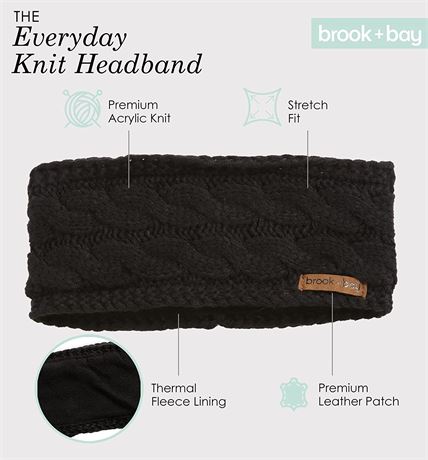 Fleece Lined Cable Knit Ear Warmer Headband - Black One Size Fits All