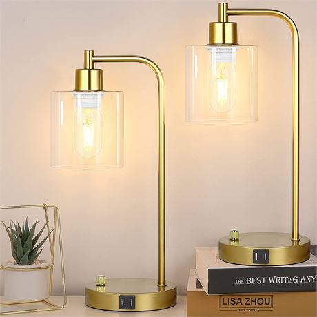 Set of 2 Industrial Table Lamps with 2 USB Port, Fully Stepless Dimmable Lamps