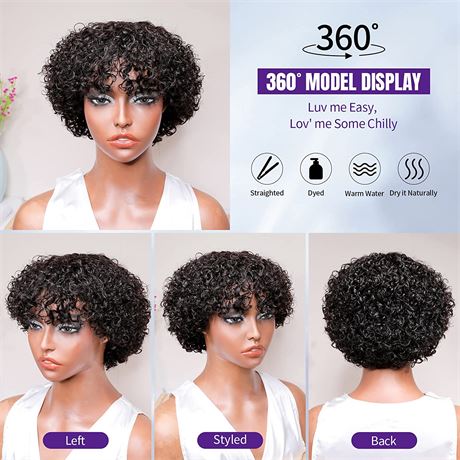 LUVME HAIR 6 Inch Short Pixie Curly Bob Wig with Bangs