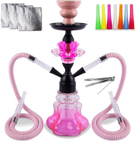 Hookah Set 14'' Shisha Hookah Complete Set Glass Flower Vase (Pink)