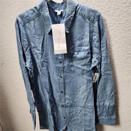 Daily Ritual Women's Long-Sleeve Button-Up Tunic, Medium Wash, Large