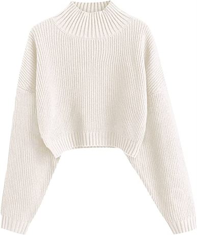 ZAFUL Women's Cropped Turtleneck Lantern Sleeve Knit Sweater, Small, White