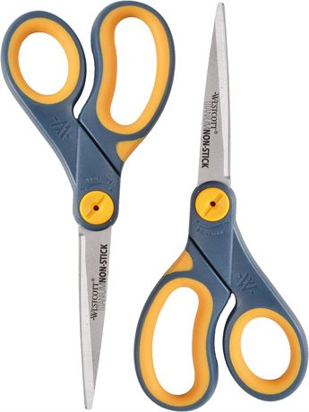 Westcott 8" Straight Titanium Scissors w/Adjustable Glide-2 Pack, Grey/Yellow
