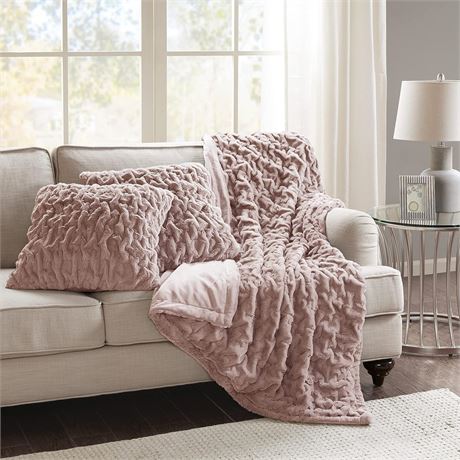 Comfort Spaces Faux Fur Plush Throw Blanket Set, Blush 50"x 60"