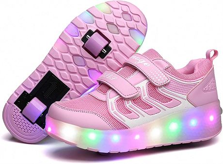 USB Chargable LED Light Up Wheeled Roller Skate Sneakers - 7.5/39 - Pink