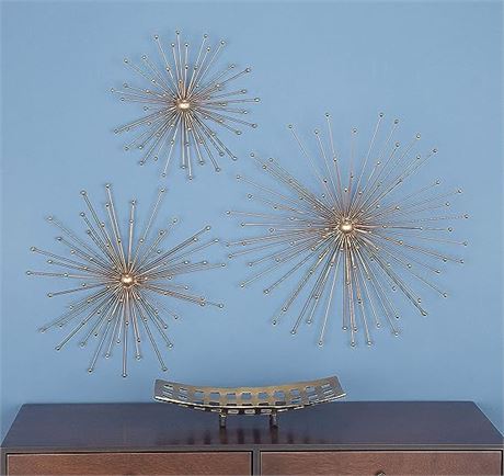Deco 79 Metal Starburst 3D Wall Decor, Set of 3 13", 17", 21"W, Gold